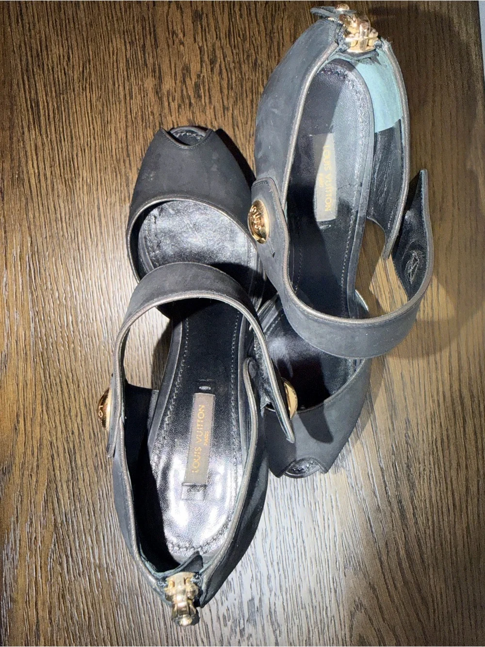 Louis Vuitton Black Peep-Toe Platform Heels with Gold Buttons